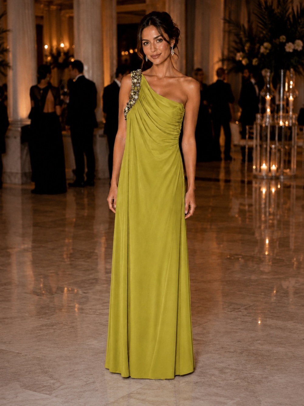 Mignon One-Shoulder Chartreuse Evening Gown - Sz. 4
